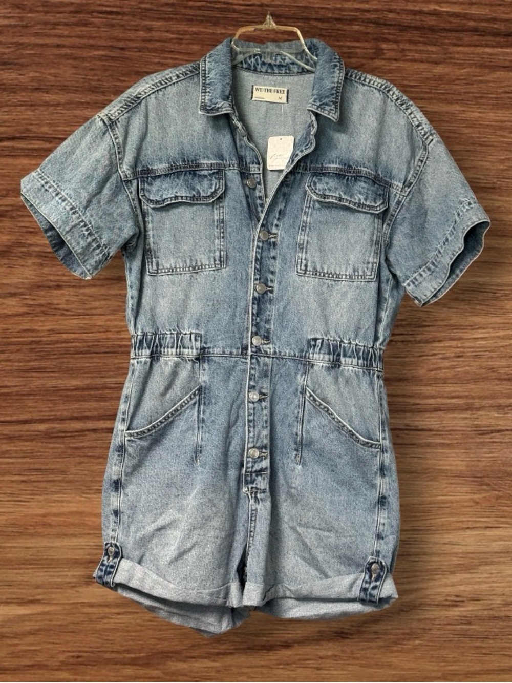 Free People Marci Cuffed Shortall Romper Shorts Light Wash Denim Size M NWT